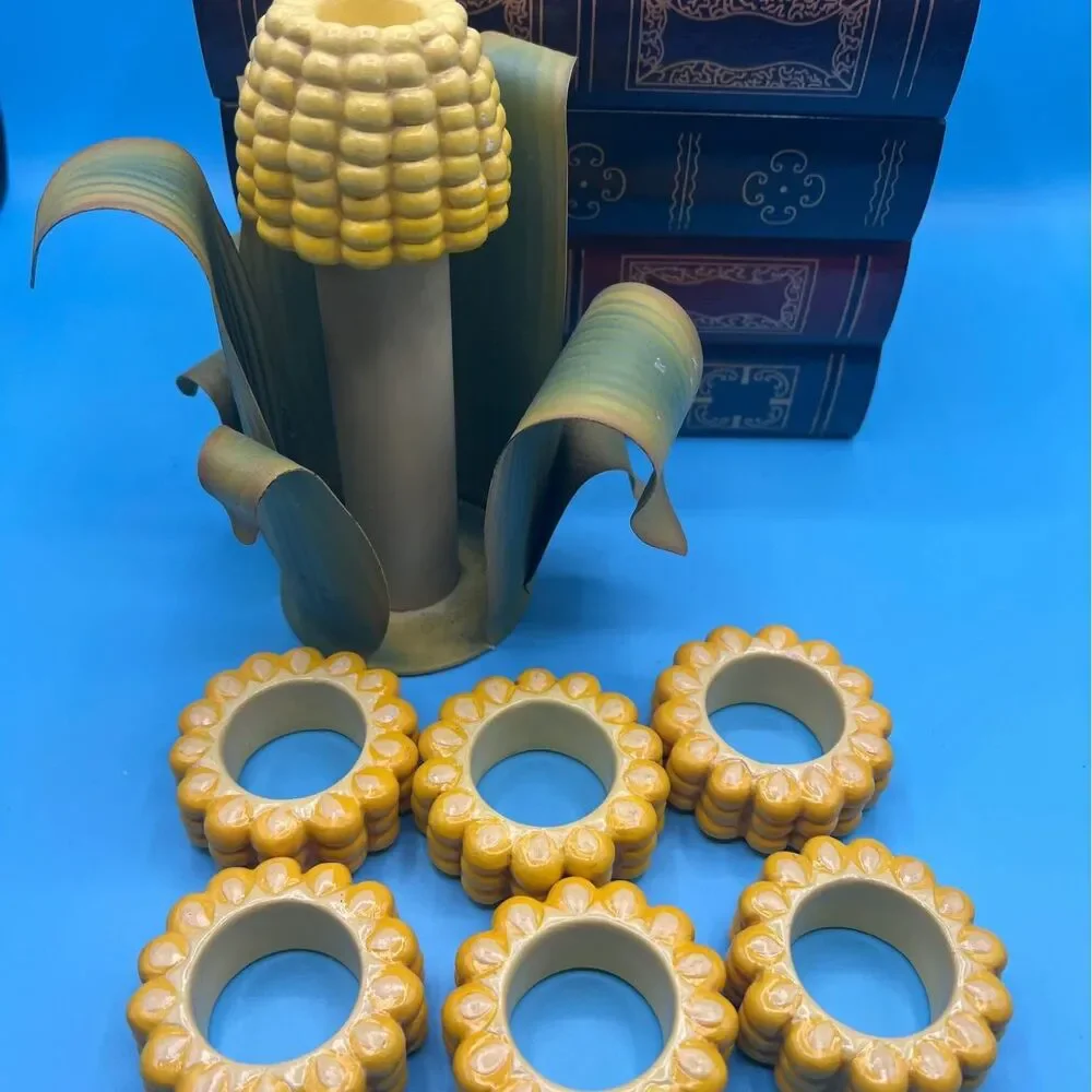 Corn Napkin Rings & Toothpick Holder Ceramic & Metal  Husk Caddy, 8 Pc